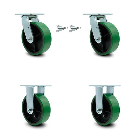 Service Caster 6 Inch Green Poly on Steel Caster Set with Roller Bearings 2 Swivel Lock 2 Rigid SCC-30CS620-PUR-GB-BSL-2-R-2